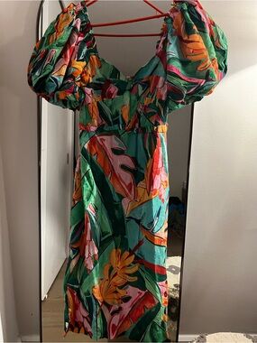 FARM Rio Tropical Puff-Sleeve Midi Dress in Green Multi